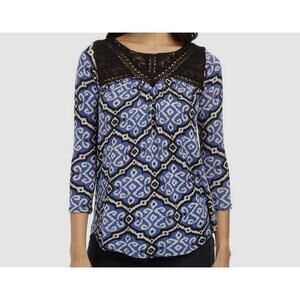 Lucky Brand Women's Blue Geo Tile Lace Yoke Knit 3/4 Sleeve Blouse Top Sm NWOT